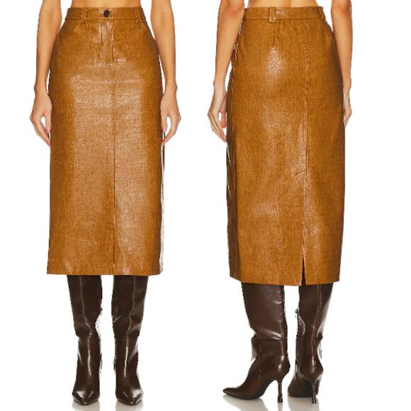 NWT Song of Style Marlon Croc-Embossed Faux Leather Midi Skirt Russet Brown XXS - Picture 1 of 7